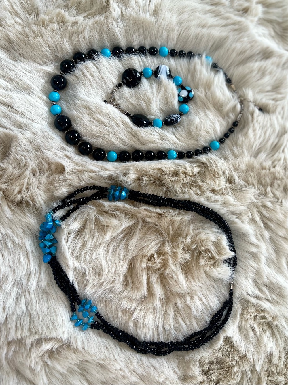 Two Turquoise and Black Beaded Necklaces and Matching Bracelet Set